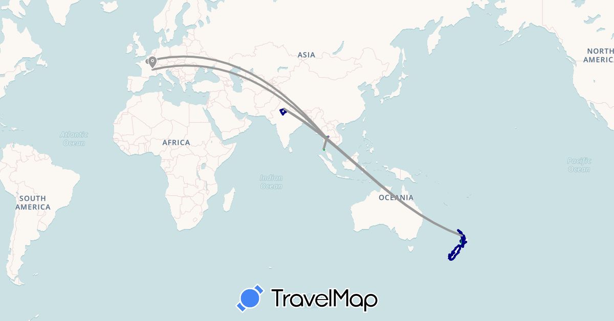 TravelMap itinerary: driving, bus, plane, train, boat in France, India, New Zealand, Thailand (Asia, Europe, Oceania)
